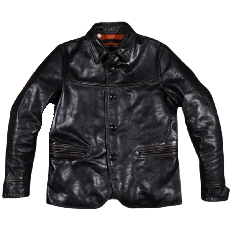 

Free shipping.American retro Genuine jacket.1.3mm black tea core horsehide coat.Men Vintage washed leather cloth,가죽 재킷