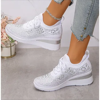 Women's Shiny Rhinestone Wedge Sneakers Breathable Knit Non Slip Walking Shoes Woman Plus Size Fashion Thick Sole White Sneakers 1