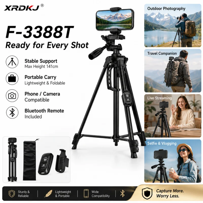 F-3388T 141cm 카메라 삼각대 스탠드(블루투스 리모컨 포함), 아이언 튜브 폰 삼각대(홀더 클립 포함), DSLR용 휴대용 여행용 삼각대