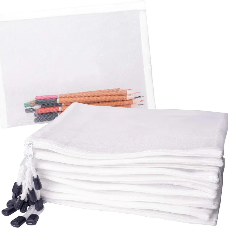 Translucent Mesh Cosmetic Bag Handheld White Border Document Pouch Stationery Supply Convenient Lightweight Zipper Storage Bags