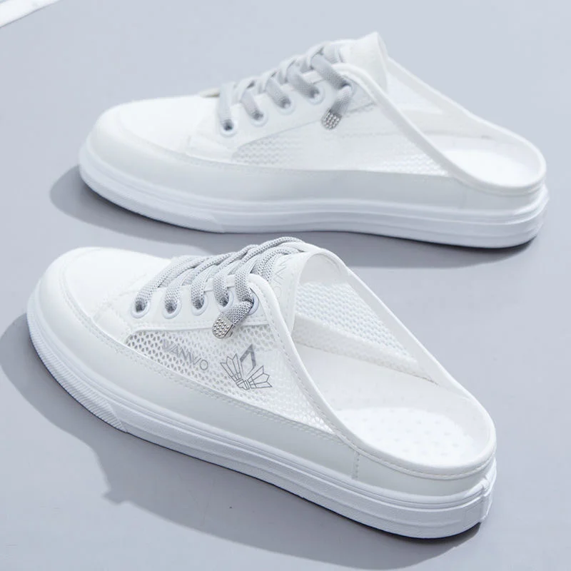 2023 Summer Women Shoes Versatile Tenis Slippers Thin Breathable Mesh Sandals Mules Canvas White Single Outdoor Female Sneakers