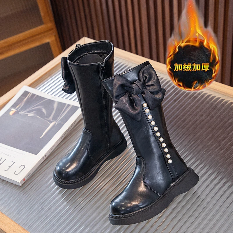 Girls Long Boots with Bow-knot Sweet Children School Performance Leather Boots Fashion Kids Catwalk Princess Boots Winter New