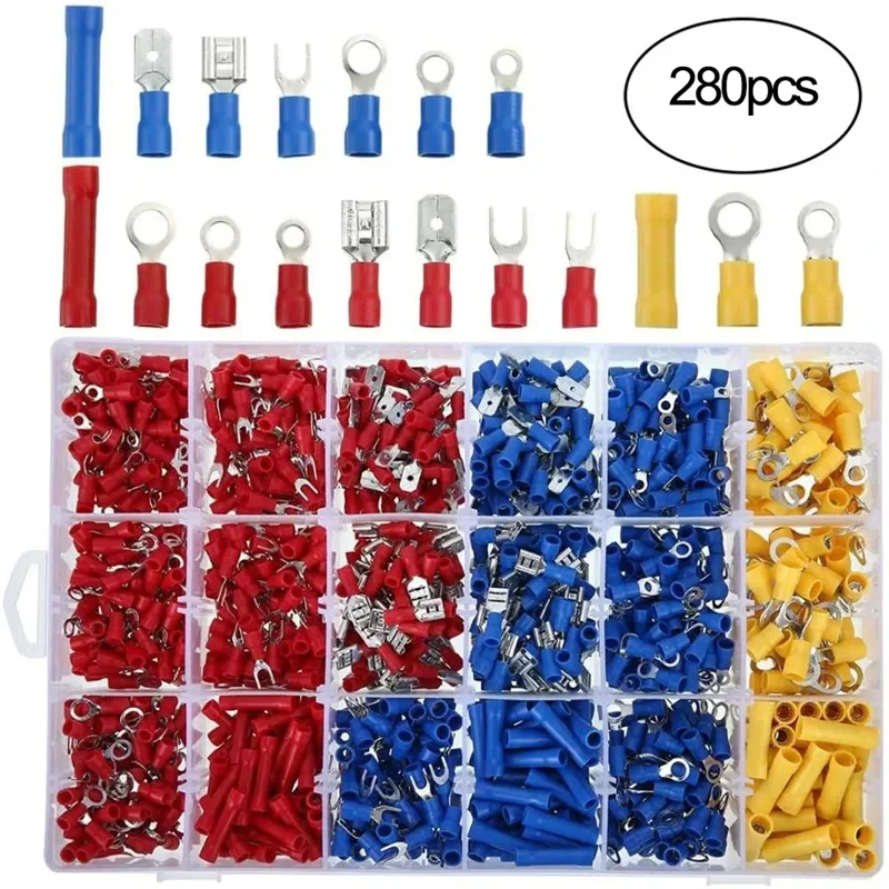 Cable Connector Kit Insulated Electrical Wire Crimp Spade Butt Ring Fork Set Ring Lugs Rolled Terminals Assorted