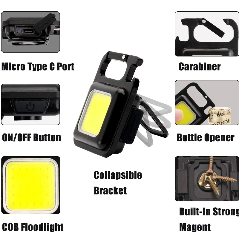 Hot Outdoor Portable Usb Rechargeable Mini Cob Keychain Work Light Hook With Magnet Aluminum Alloy Flashlight Led Camping Lamp