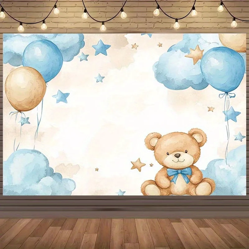 Hintergrund mit Teddybär-Motiv mit Luftballons, Sternen und Wolken – geeignet für Geburtstagsfeiern und Feiern
