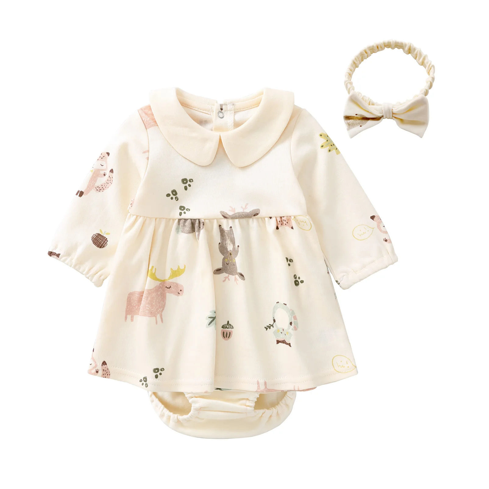 

Pureborn Baby Girl Dress Infant Long Sleeve Peter-pan Collar Spring Fall Cotton Playwear Dresses Beige