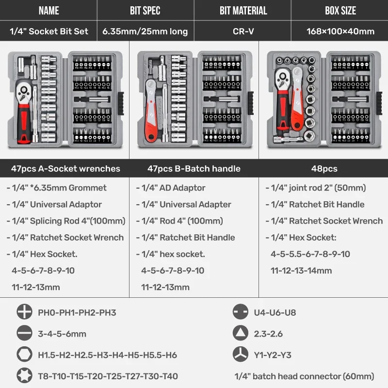 New 48 Piece 1/4 Series Socket Batch Head Tool Set Multifunctional Ratchet Wrench Set Auto Repair and Home Repair Toolbox