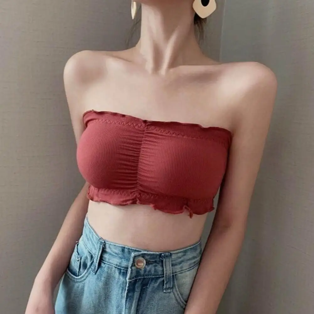 

Bandeau Bra Anti-slip Push Up Bandeau Tube Top Bra Soft Shirring Decor Solid Color Back Closure Women's Invisible Underwear