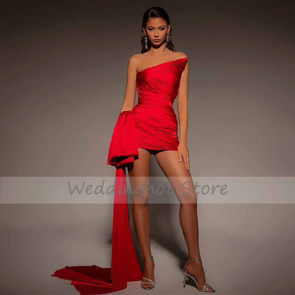 Cocktail Dress Sexy Cocktail Dresses Red Asymmetrical Big Bow Satin Women's Cocktail Gowns Pleated Backless Sheath/Column Party Dress Mini