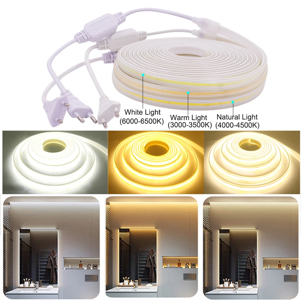 

220V COB LED Strip Light EU Plug 288LEDs/m High Bright Outdoor Waterproof Lamp Flexible Led Tape 3000K 4000K 6000K Ribbon RA90