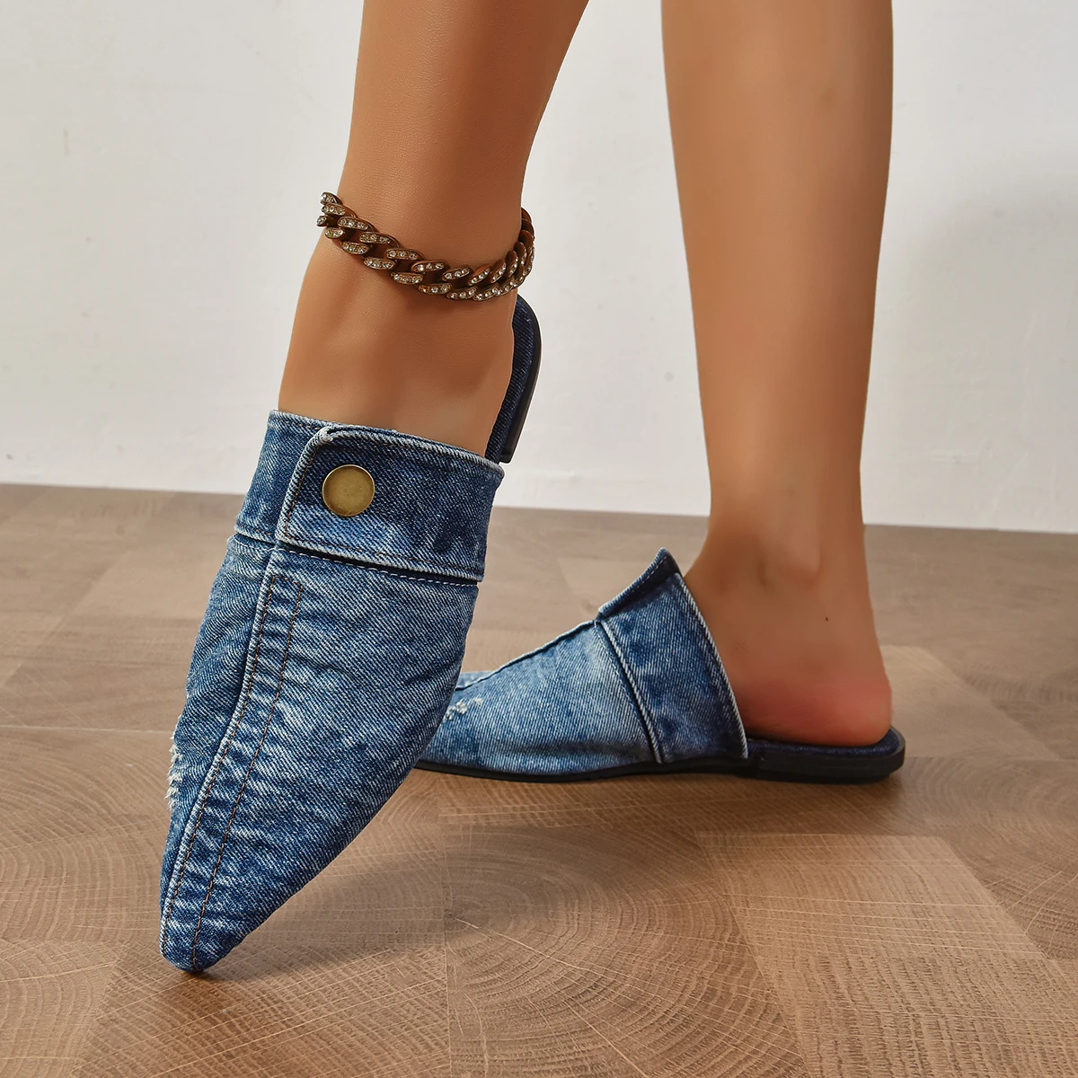 Flat Women Half Slippers Pointed Toe Denim Blue Summer Casual Slippers Women Fashion Lightweight Sandals Home Slides