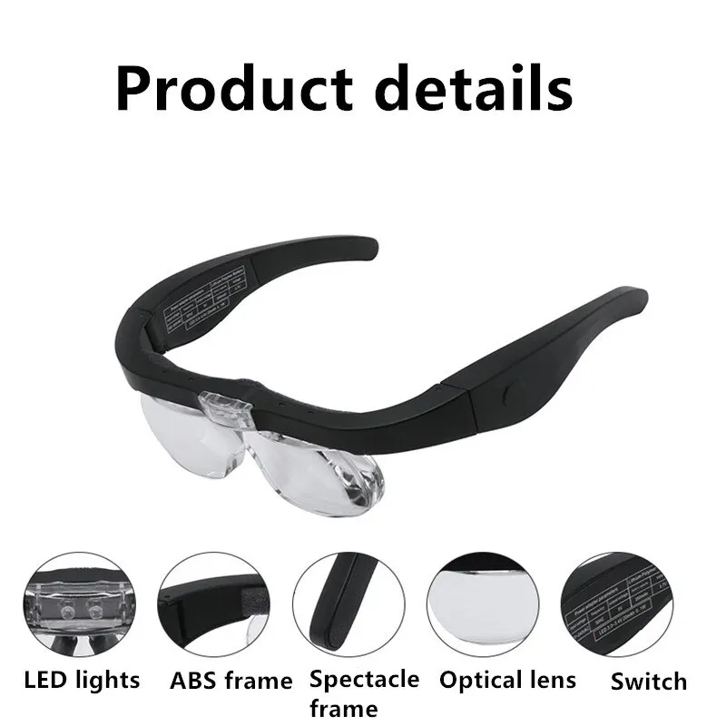 Lupa de gafas de montaje en la cabeza, diadema de carga USB, lupa con 2  luces Led, auriculares, 1,5x2,5x3,5x5x