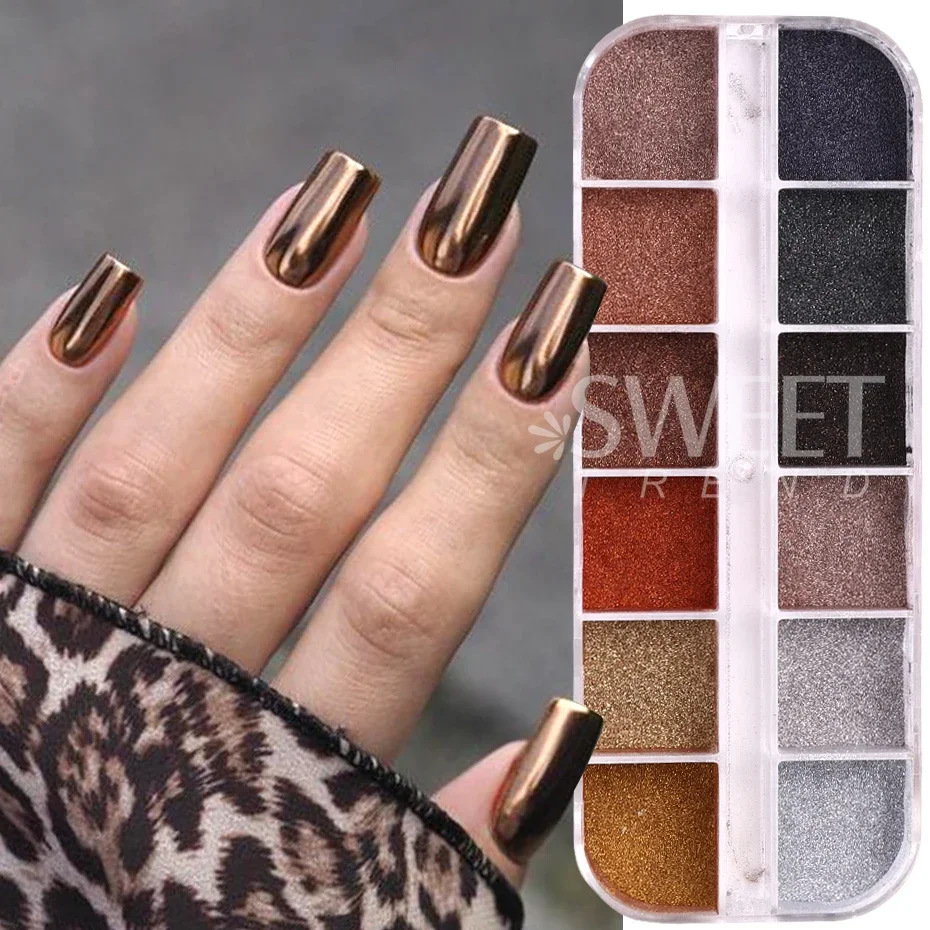 Nail Powder Nail Glitter Nail Pigment 12 Grids Winter Magic Mirror Nail Glitter Powder Dark Brown Gold Silver Pigment Trending Rubbing Dust Manicure Accessories