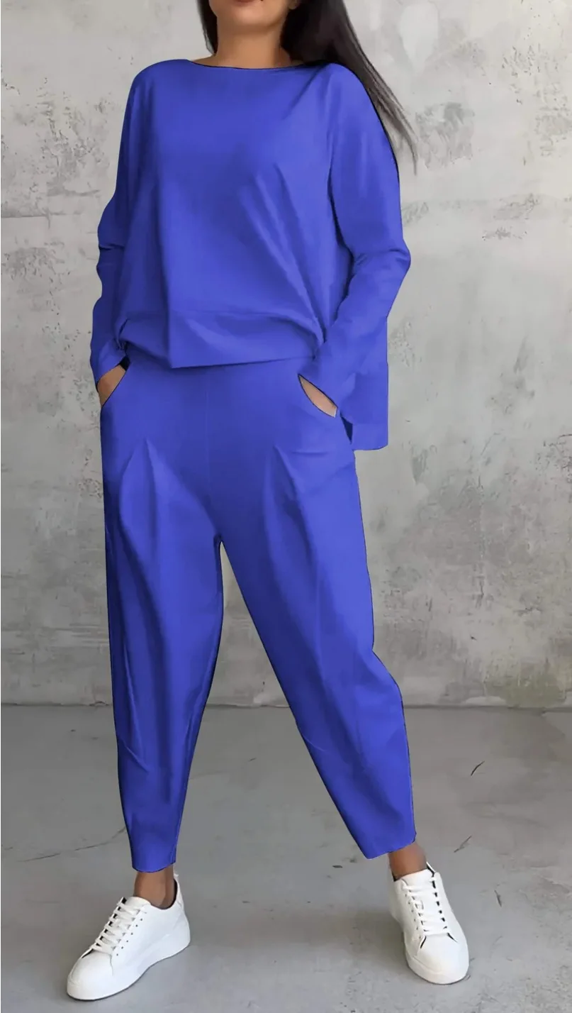 Women’s trousers suit – 2-piece O-neck long sleeve T-shirt with solid color loose trousers and pockets blue