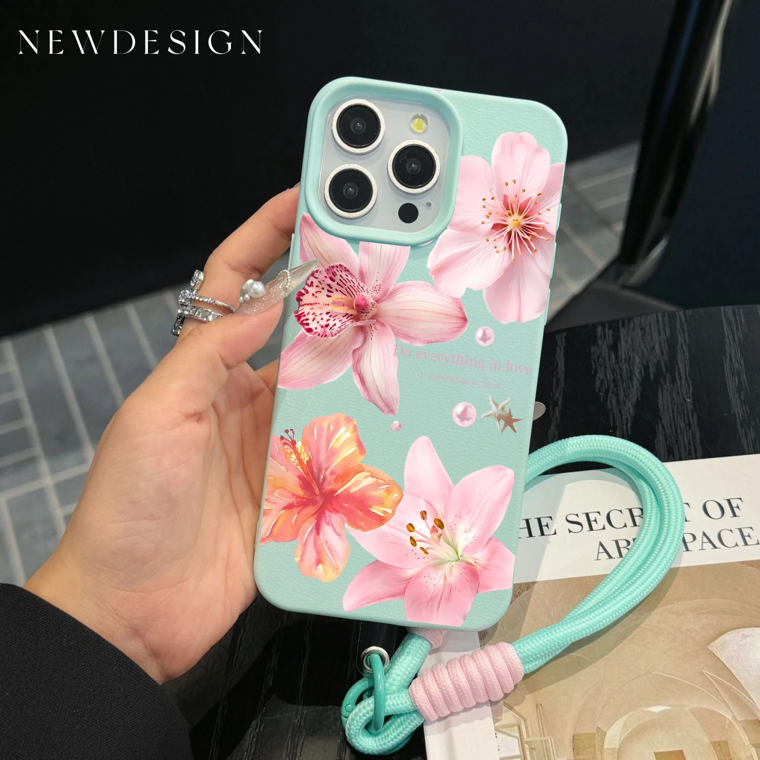 Luxury Pink Lily Silicone Lanyard Phone Case with Shockproof Design