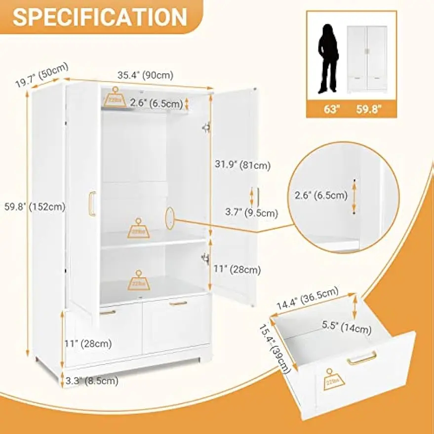 Wide White Armoire Wardrobe Closet with Adjustable Shelves and Drawers, 60" Freestanding Closet Wardrobe Cabinet, Armoires and W