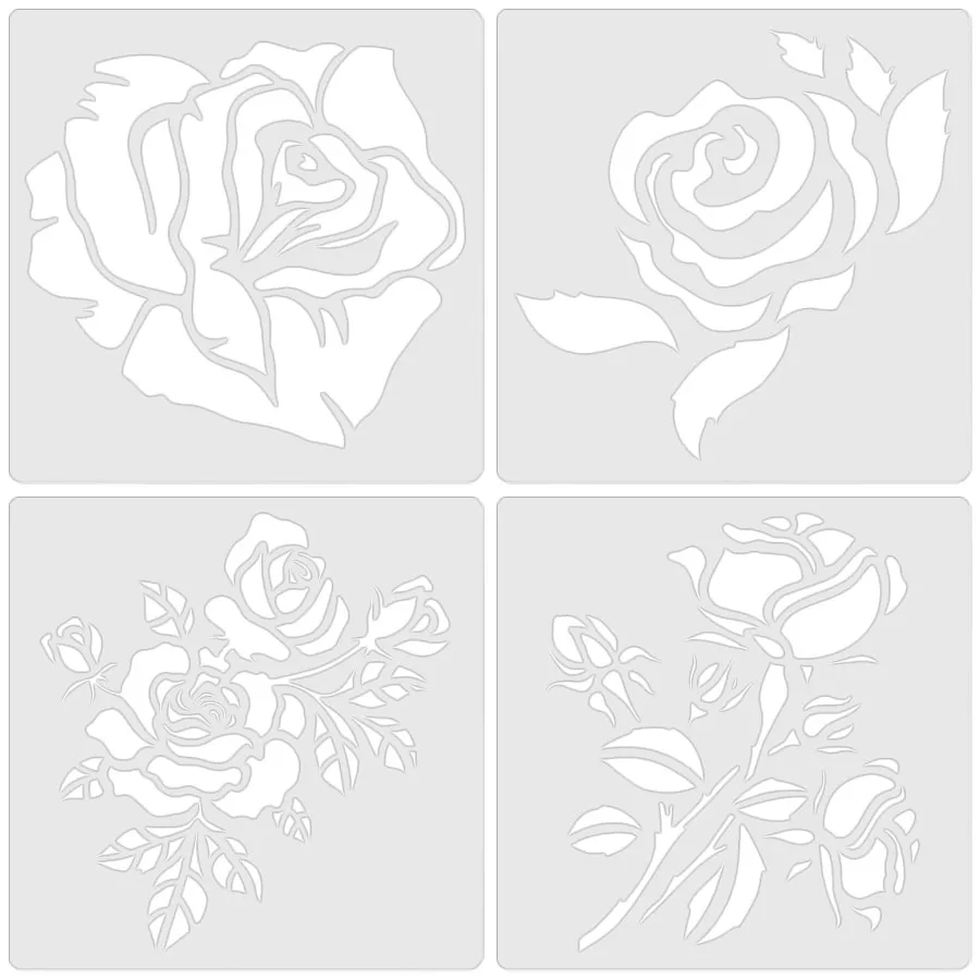 4 Stück 5,9 Zoll Rosen-Blumen-Schablonen Wiederverwendbare Blumenmalvorlagen für Wand Leinwand Stoff DIY Handwerk Dekoration – Detail 3