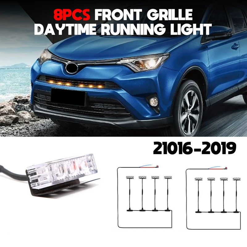 

8PCS Car Front Grille LED Lights, For Toyota RAV4 2016 2017 2018 2019 DRL External Grille Driving Lamps