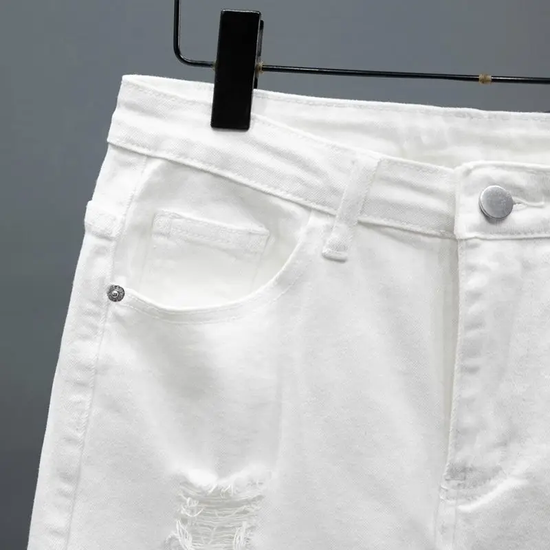 White Denim Shorts Men's Summer Fashion Ripped Soft Elastic Fit Straight Casual Korean Hole Short Jeans Hip-hop Streetwear 4