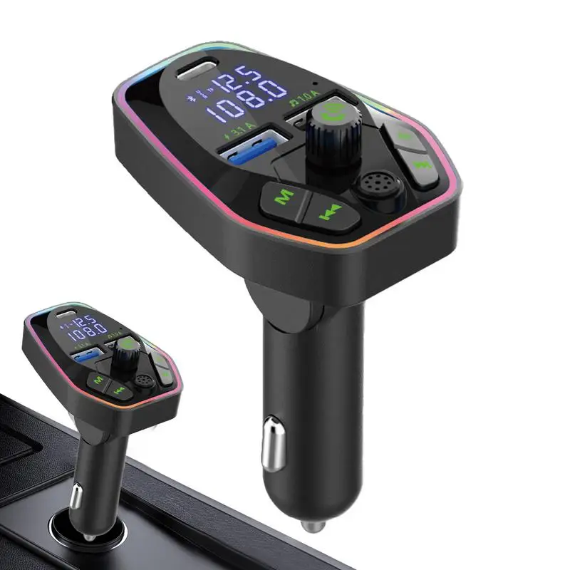 

Auto FM Transmitter Wireless Hands Free Phone Call MP3 Player Support Multicolored LED Lights Inject Quick Charge Adapter