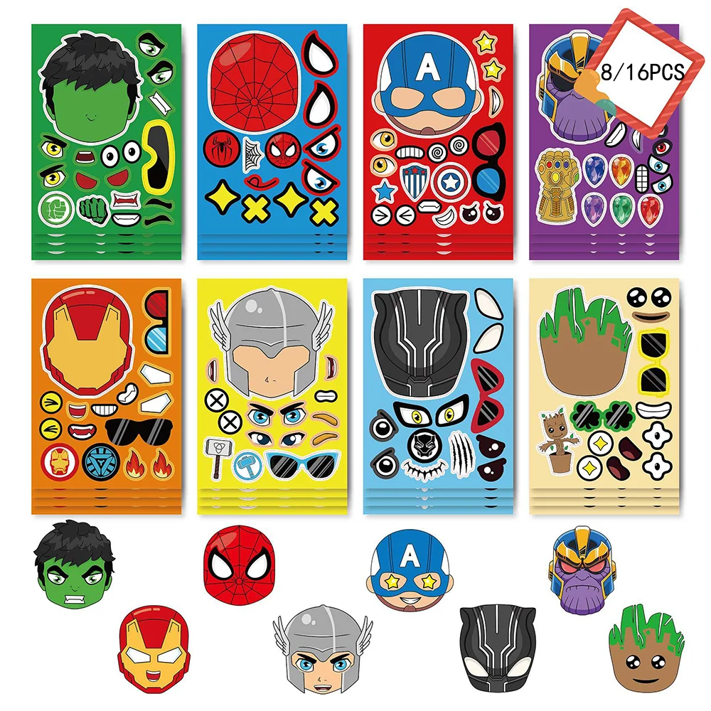 8/16Sheets Disney Marvel Avengers Superhero Puzzle Stickers for Kids Toys Anime Make-a-Face DIY Game Assemble Jigsaw Party Gifts