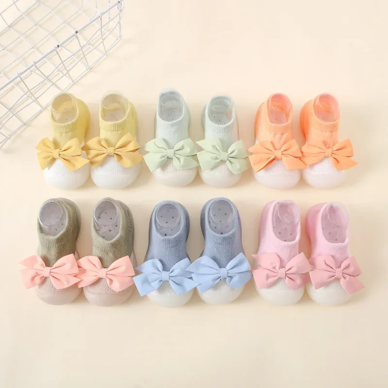 

2023 Baby Socks Shoes Infant Bowknot Cute Kids Boys Shoes Rubber Soft Soled Child Floor Socks Shoes Toddler Girls First Walkers