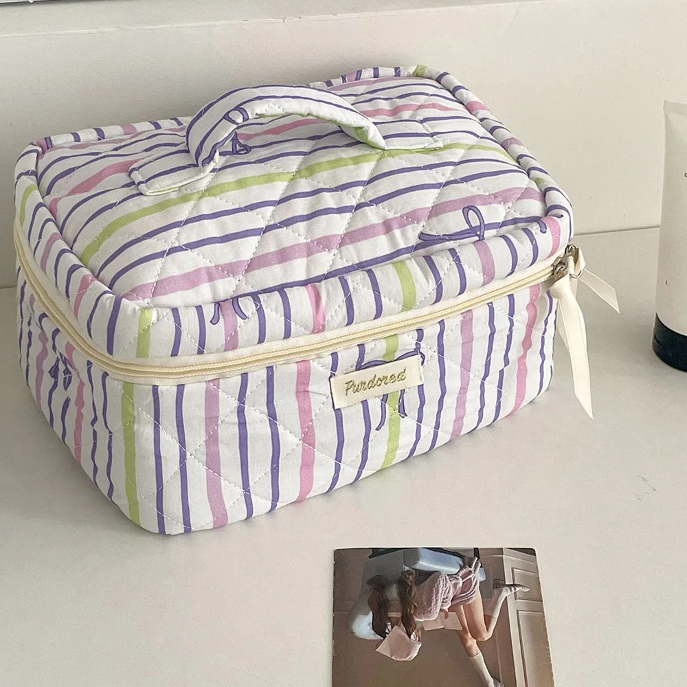 Persönlichkeit Streifen Bowknot Frauen Kosmetik Tasche Tragbare Einfache Quilten Tasche Reise Große Kapazität Make-Up Lagerung Handtasche – Detail 9
