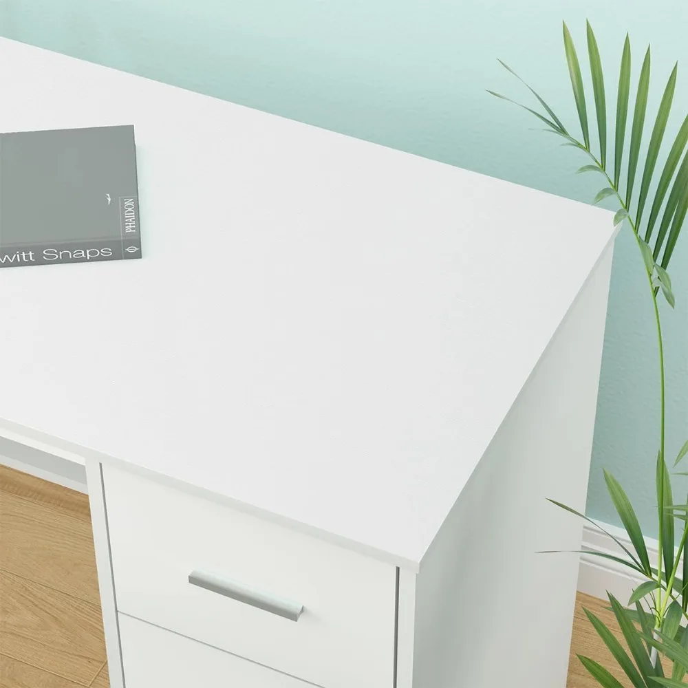 White L Shaped Desk with Drawers Shelves, Large Home Office Corner Computer Desk with Storage File Cabinet, Modern Metal Wood D 6