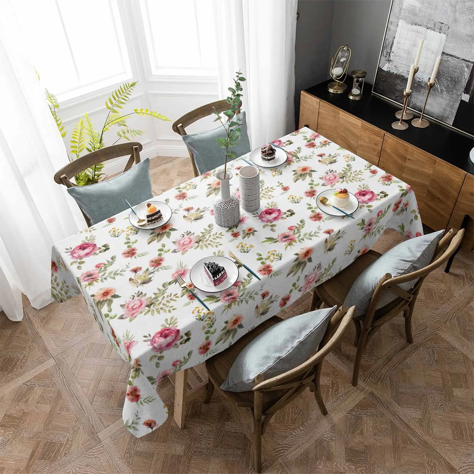 

Водостойкая скатерть в стиле ретро, декоративная прямоугольная ткань для кухонного стола, акварель, цветы, растения
