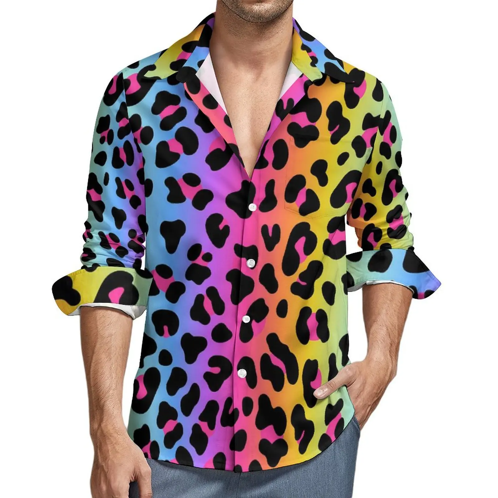 

Rainbow Leopard Shirt Spring Animal Print Casual Shirts Men Vintage Blouses Long Sleeve Graphic Harajuku Top Plus Size