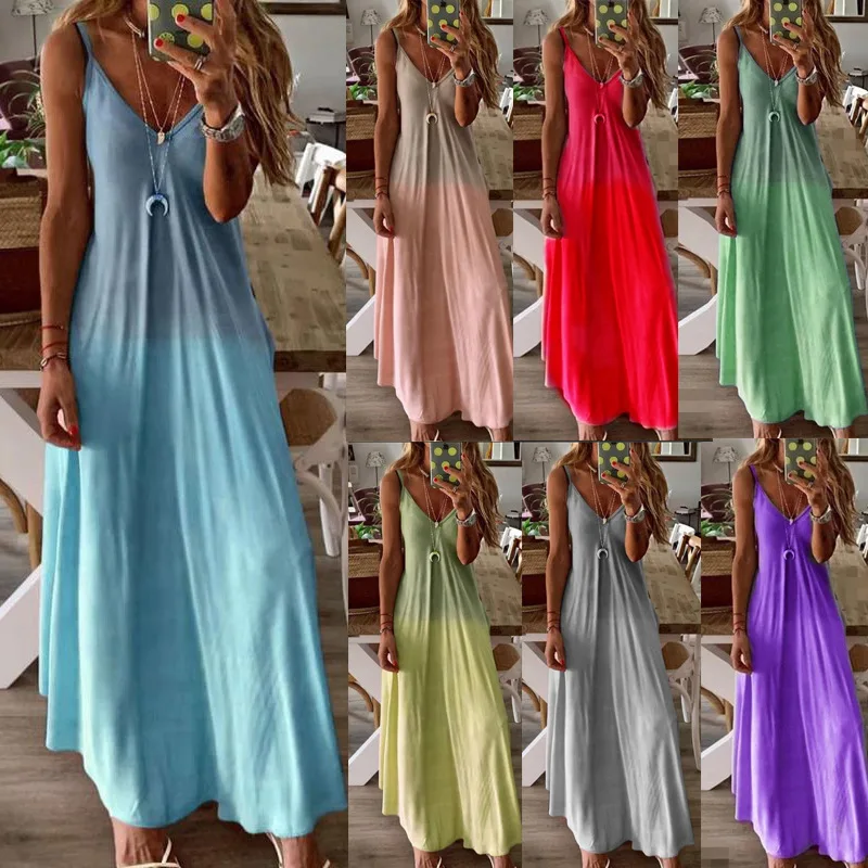 

Long Dresses Basic Casual Gradual Change Color 2023 Women's Summer V-neck Sexy A Version Long Dress Loose Slip Dress
