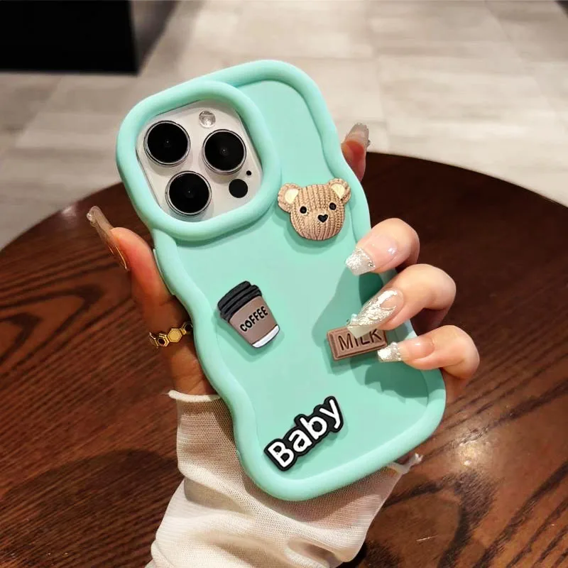 3D Cartoon Coffee Bear Wavy Phone Case