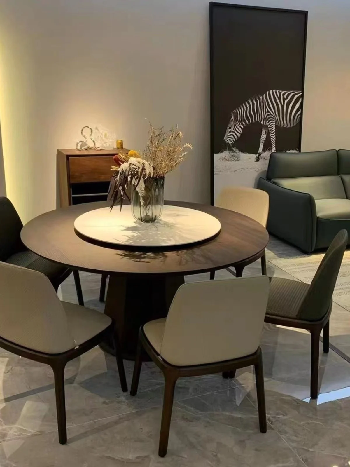 

Rock plate table round modern simple light extravagant household size round table chair combination with turntable table