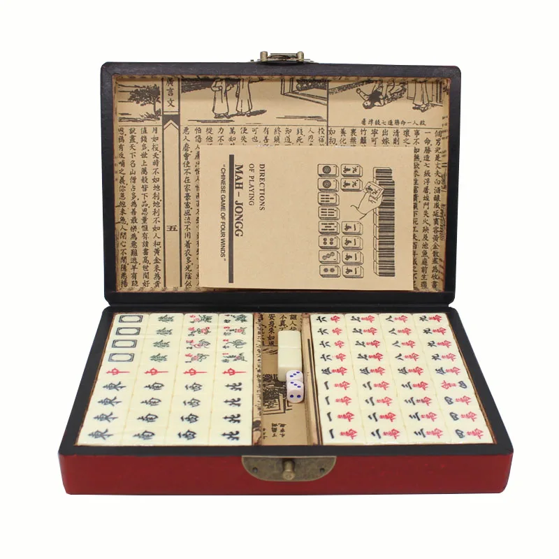 24 30 35 mm Mahjong Set with Antique Wooden Box Table Game Ivory Mahjong Tiles Tourist Dormitory Mahjong Family Game