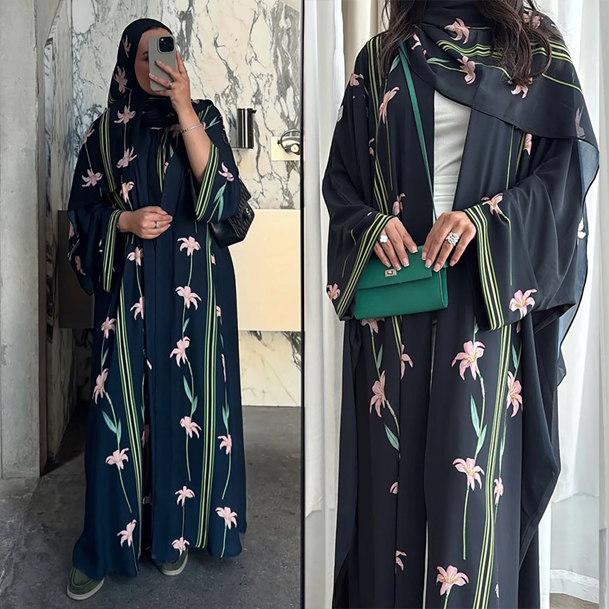 Uni New Elegant Floral Print Open Abayas with Hijab Included Morocco Casual Cardigan Dress Women Muslim