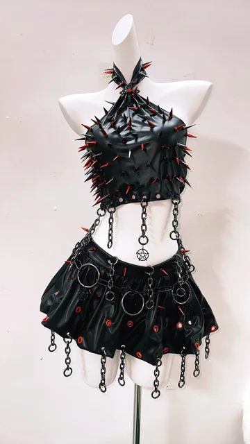 Spikey Halter Neck Faux Leather Cropped Top and Skirt 2