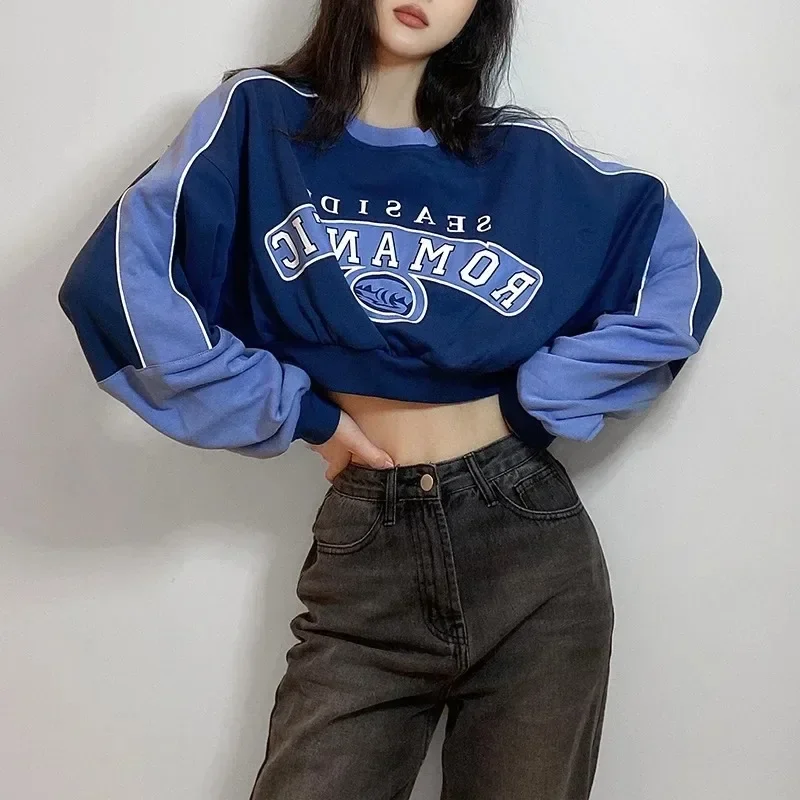 Female New Long Sleeve Solid Sweatshirt Loose Fashion Crewneck Letter Printing Short Blue Pullover Women  Spring Summer New yale [yale x niceweather] university team crewneck blue