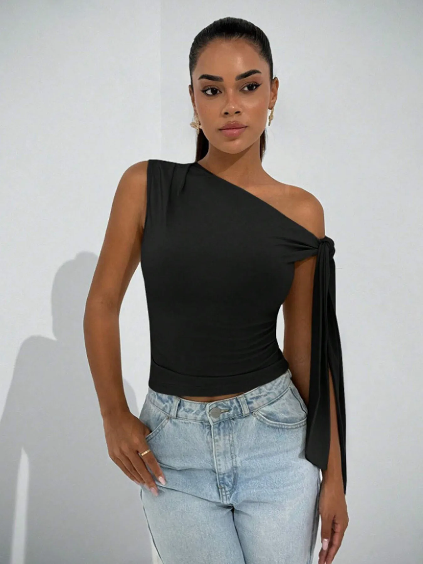Women's 2026 New Asymmetrical Neck Tie Top – Sleeveless Slim Fit Blouse with Draped Tie, Solid Color Streetwear Top 4