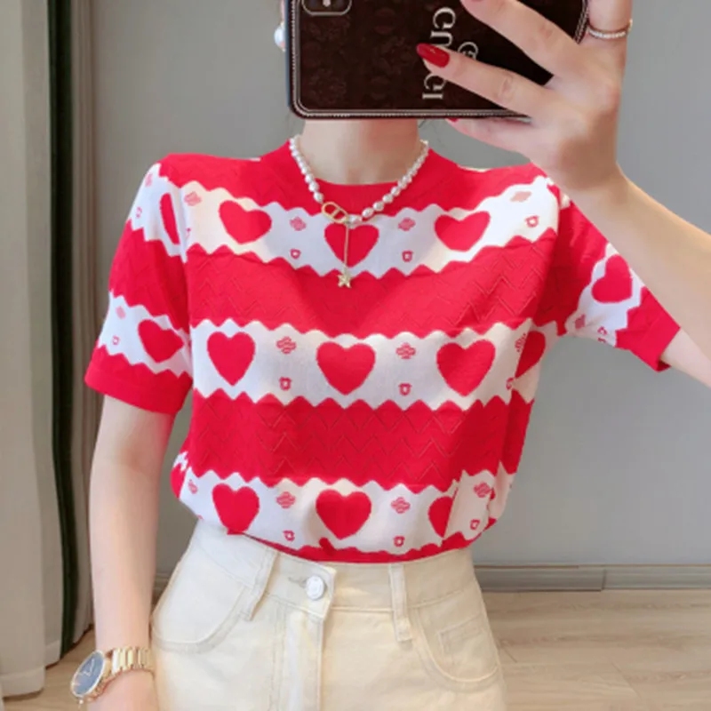 

DALMAZZO 2024 New Summer Short Sleeve Loose Knitted T Shirt Women Sweet Fashion Embroidery Love Thin Silk Short Tops Female
