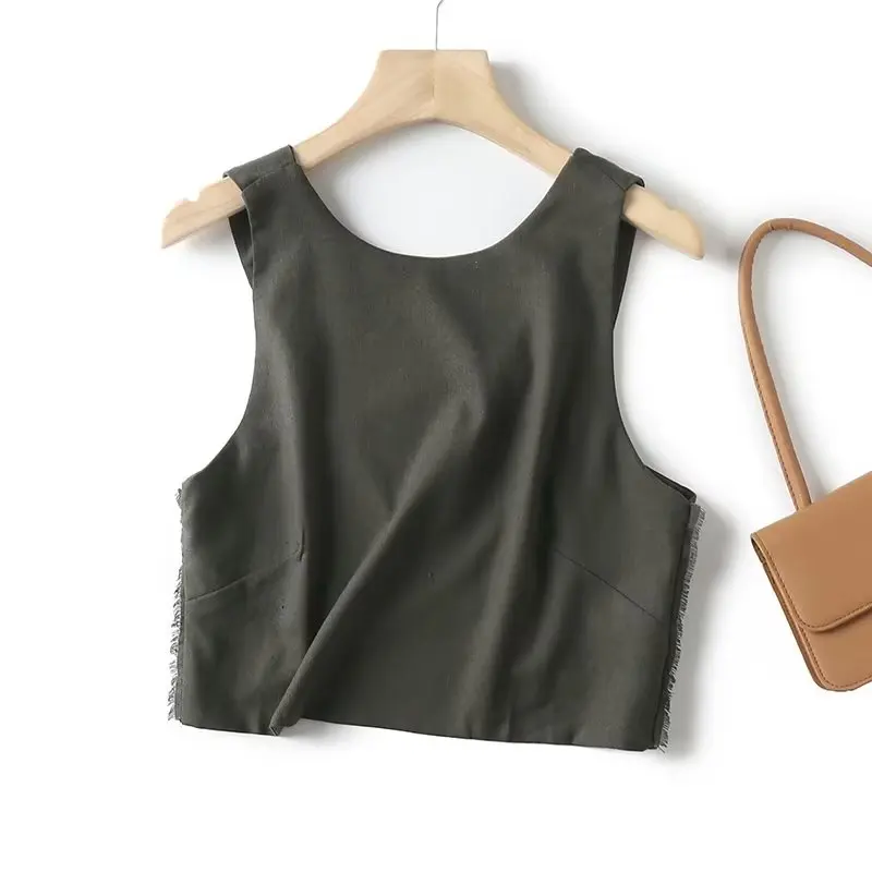 

Withered Indie Folk High Street Sexy High Wasit Crop Tank Tops Fashion Linen Casual Summer Tshirts Women