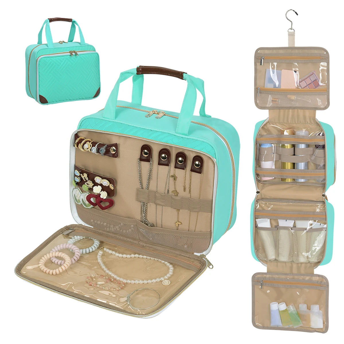 Elegant Women's Hanging Toiletry Bag with Jewelry Organizer and Spacious Makeup Compartment
