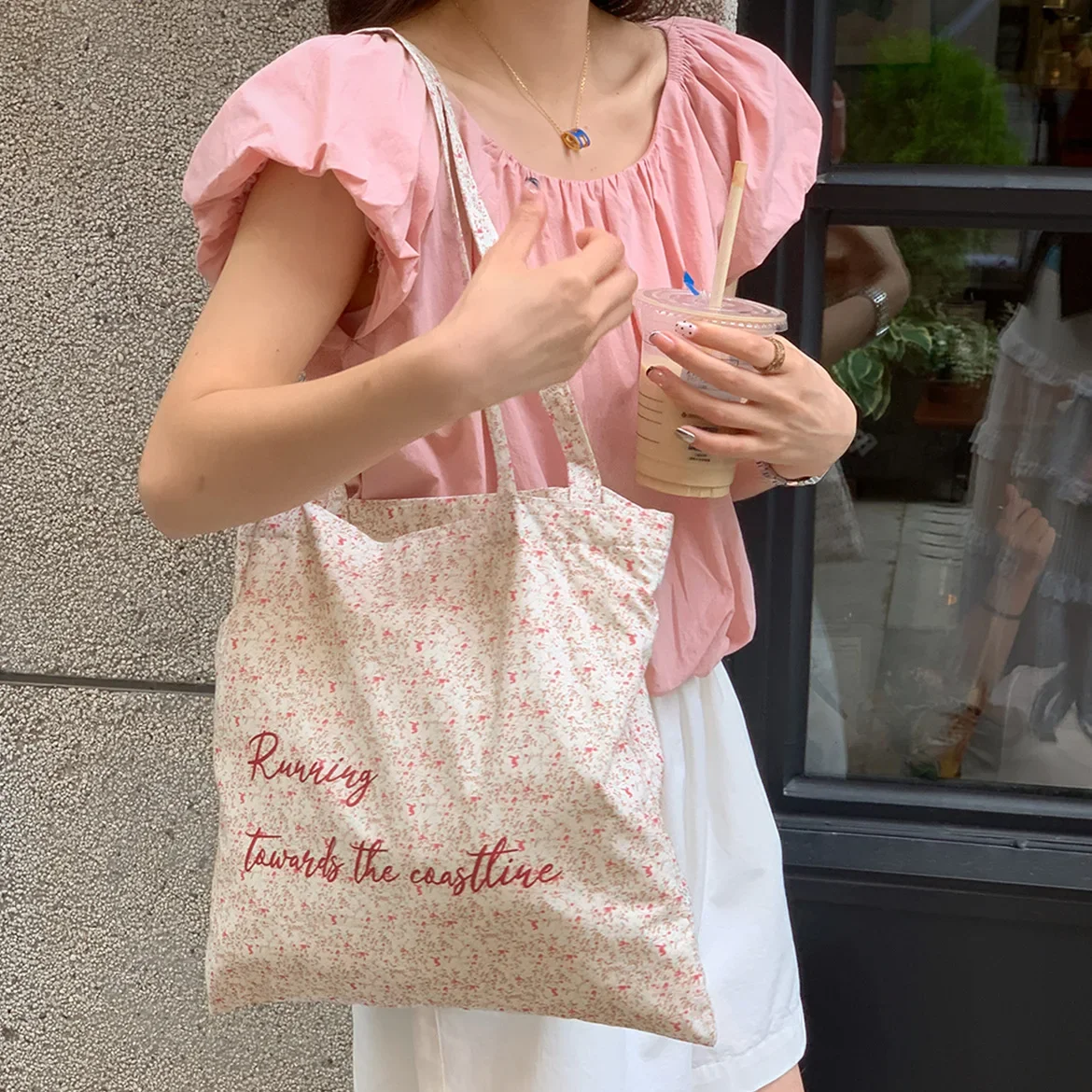 

French Pink Flower Canvas Bag Korean Letter Tote Bag Letter Pink Canvas Bag