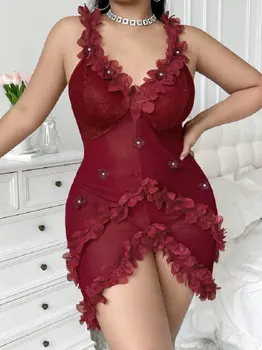 Plus Size Women Elegant Soft Mesh Splice Lace Pearl Floral Petal Decor Adjustable Strap Slip Nightgown Loungewear For All Season