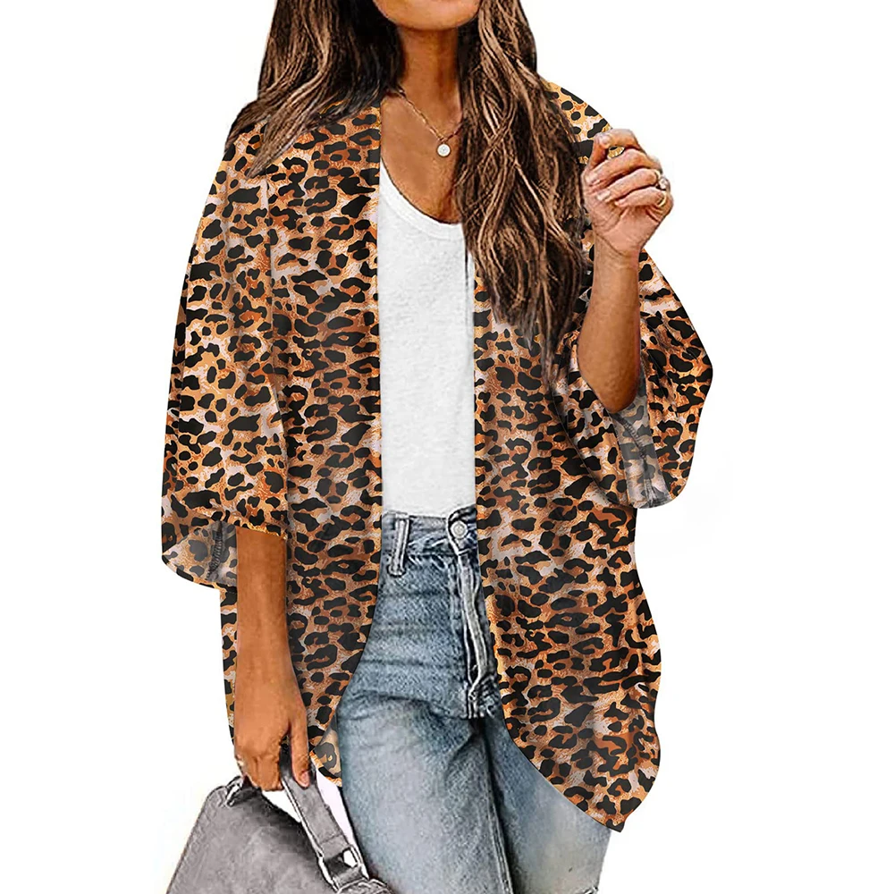 

Women Floral Leopard Print Short Sleeve Shawl Chiffon Kimono Beach Cardigan Bikini Cover Up Wrap Beachwear swimsuit AntiUV Coat