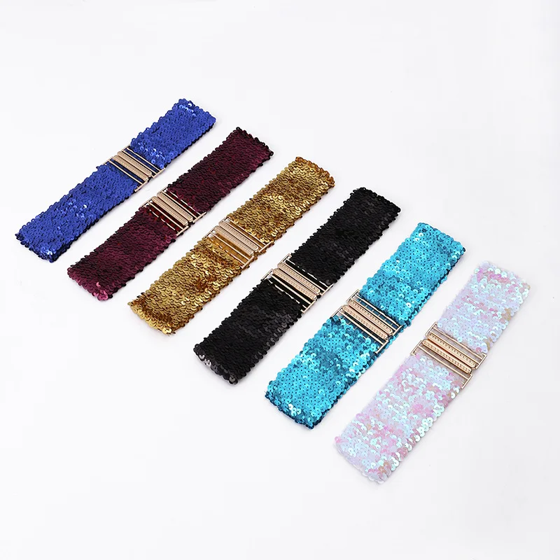 Sequin Elastic Glitter Belt Women's Corset Wide Waist Belt Metal Buckle Waistband Decorative Corset Strap Party Dress Accessorie