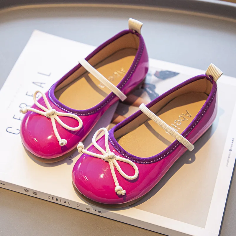

Girl's Flat Shoes Children Candy color Bowknot Soft bottom Little Leather Shoes Kids Princess Single Shoes Yellow Purple White