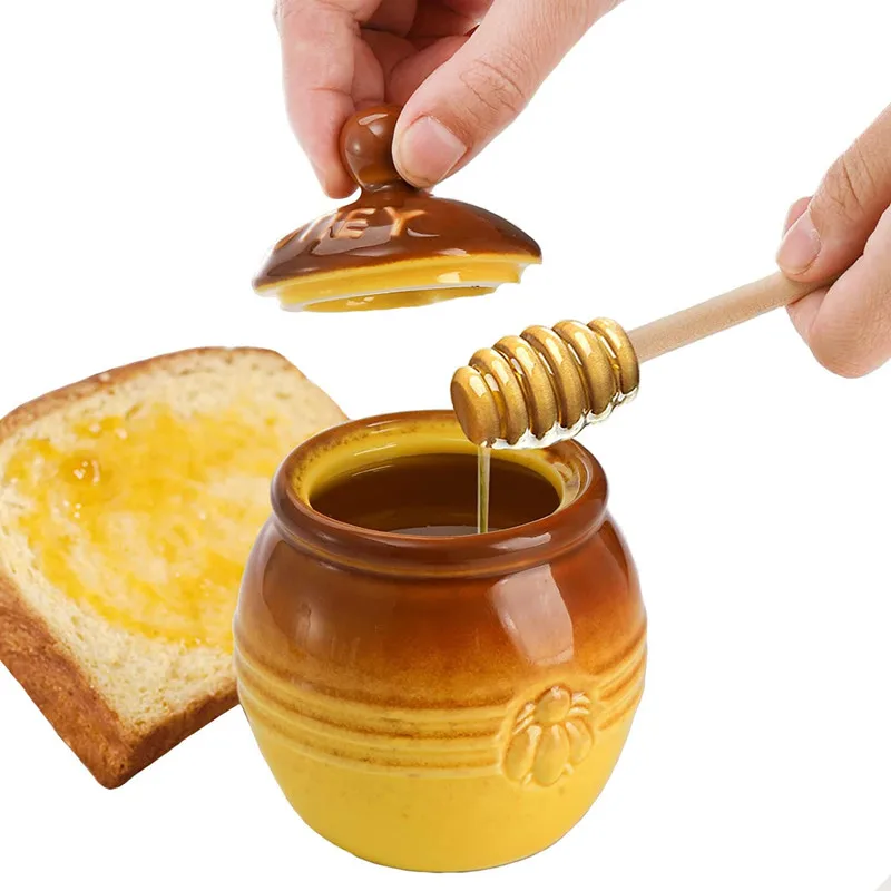 Glass Honey Jars Cute Ceramic Honey Jar With Lid and Dipper for Storage Honey Syrup Container 16 oz Pot Kitchen Accessories Dispenser