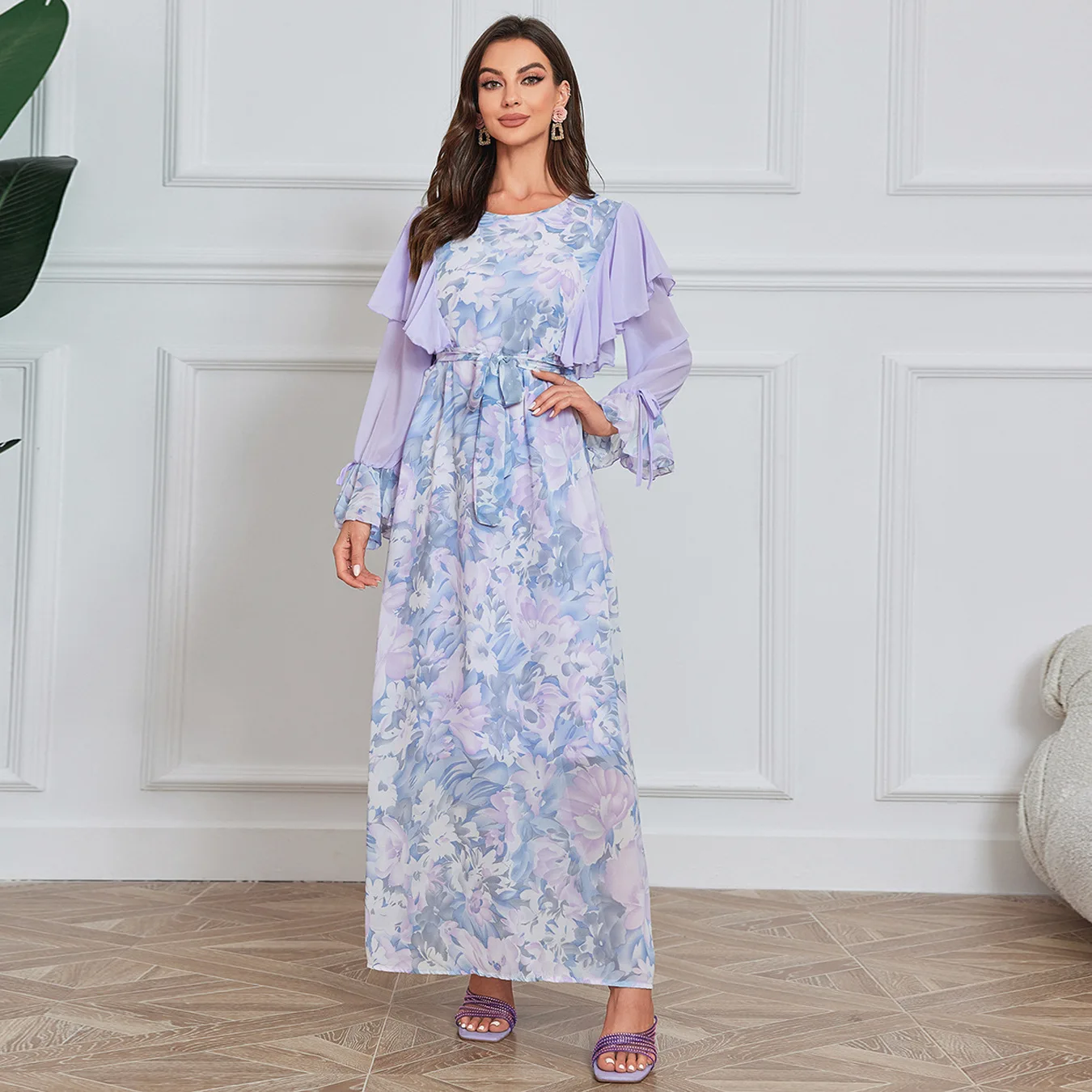 

Muslim Party Dress Women Abaya Eid Floral Print Ramadan Dresses Elegant Long Sleeve Jalabiya Vestidos Caftan Abayas Kaftan