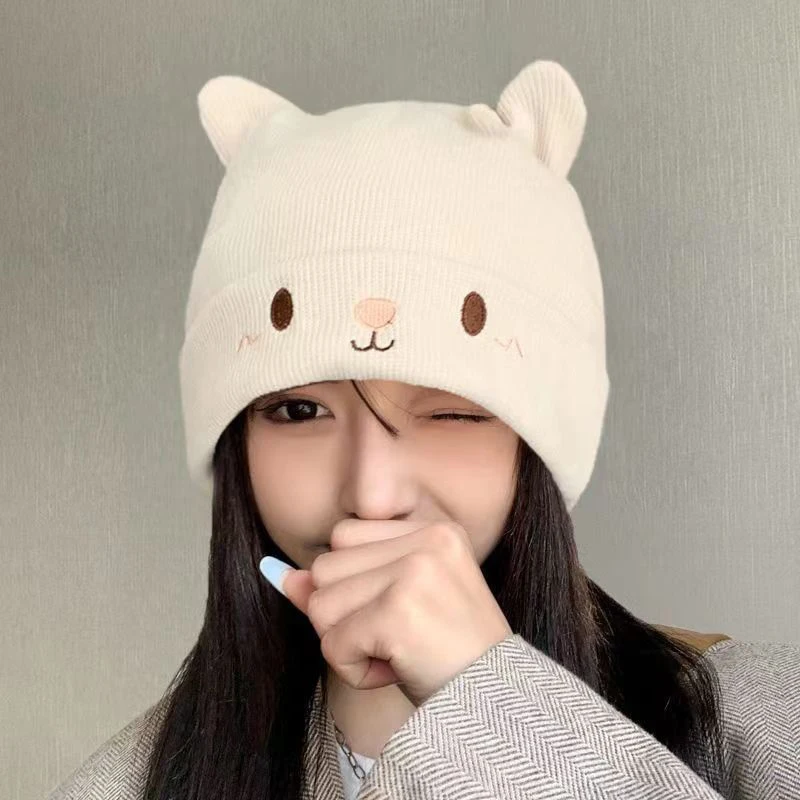 YAMEE Women's Cat Ear Beanie Hat - Knit Cuffed Winter Hat, Beige