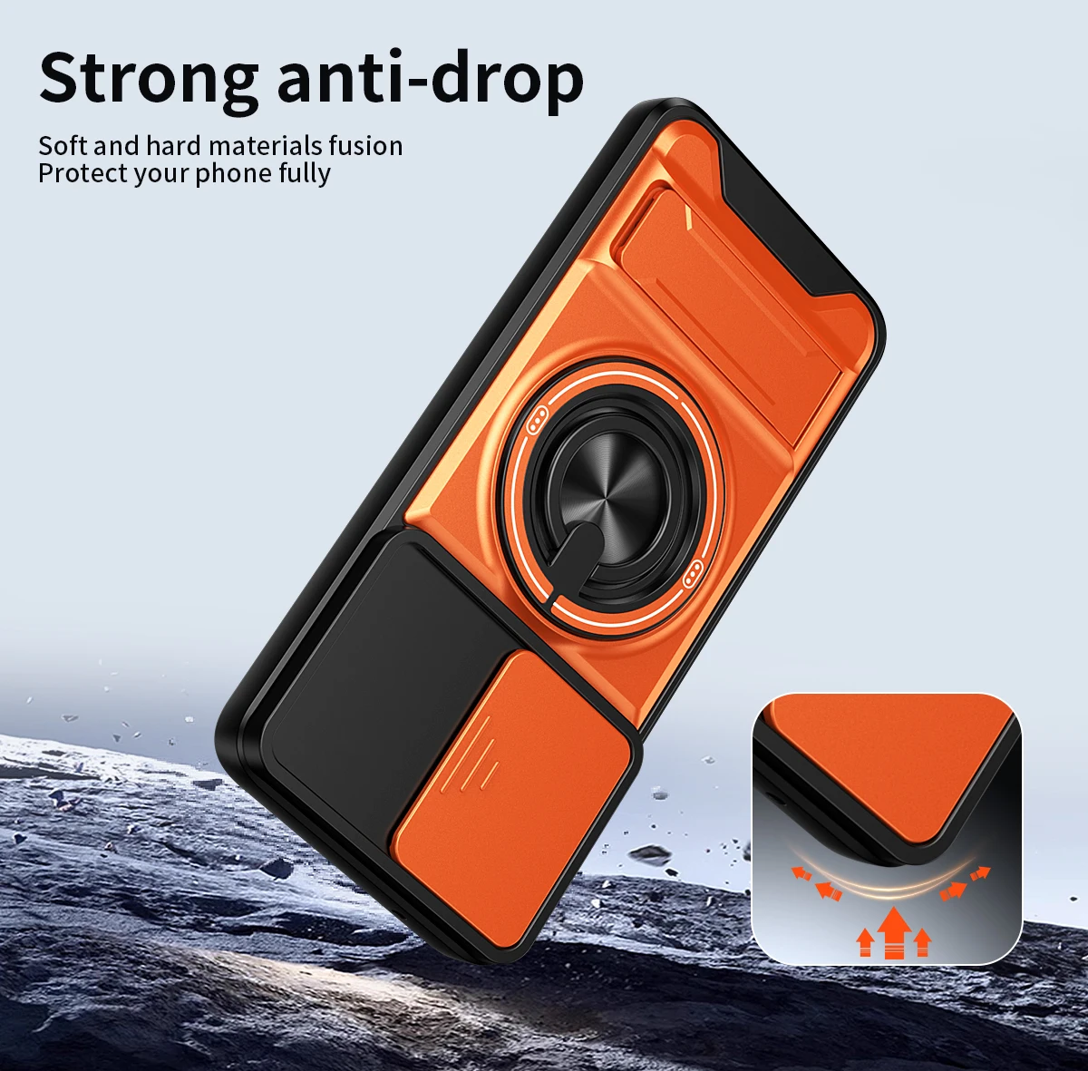 Rotating Magnetic Ring Holder Phone Case with Lens Slide and Kickstand Cover